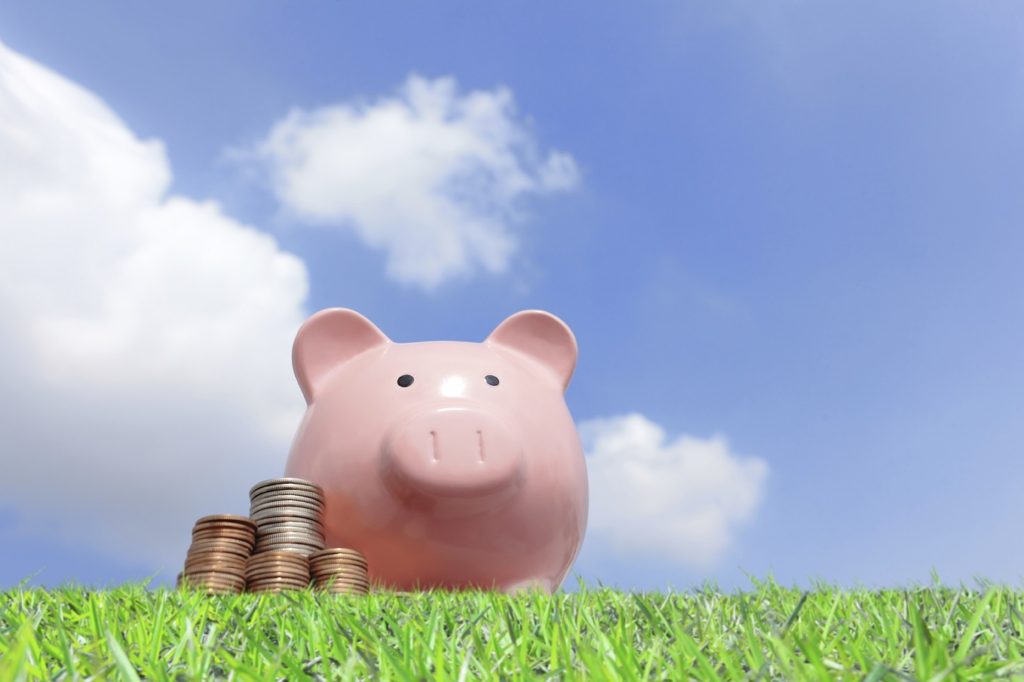 A pink piggy bank and money with sky background