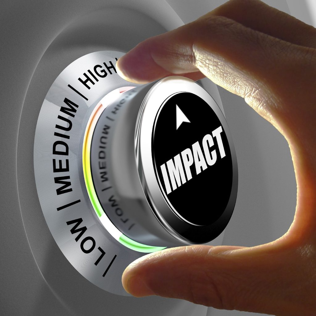 Hand rotating a button and selecting the level of impact. This concept illustration is a metaphor for estimating the level of impact. Three levels are available: low, medium and high.