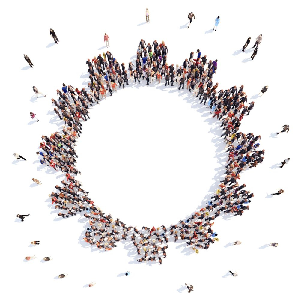 Large group of people in the form of gears. Isolated, white background.